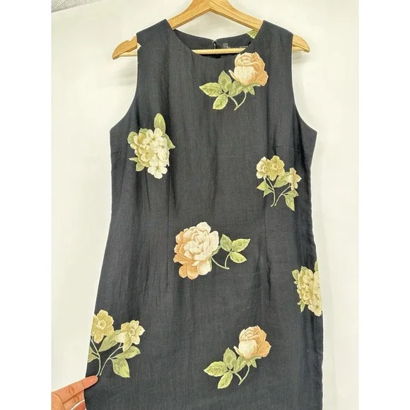 VTG 90s Ellen Tracy 100% Linen Dress 12 Black Floral Sheath Classic Cottagecore - Picture 9 of 14